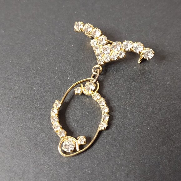 Gold Tone Dangle Brooch With Clear Stones - Picture 1 of 7